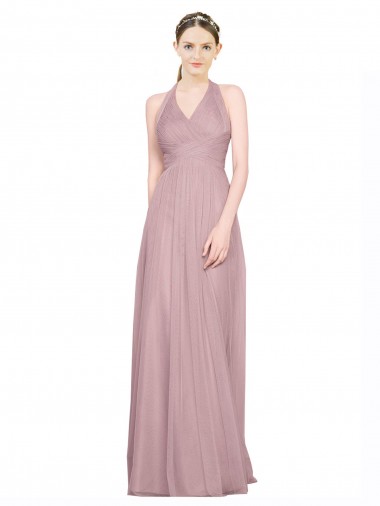 Wholesale Ruffled Halter V-Neck Long Tulle Bridesmaid Dress with Pleats