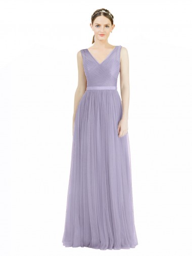 Wholesale Wide Straps V-Neck Long Tulle Bridesmaids with Belt