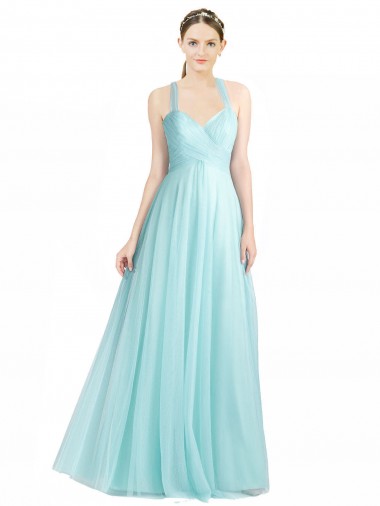 Wholesale Ruched Sweetheart Neckline A-Line Tulle Bridesmaid Dress with Tie Open Back