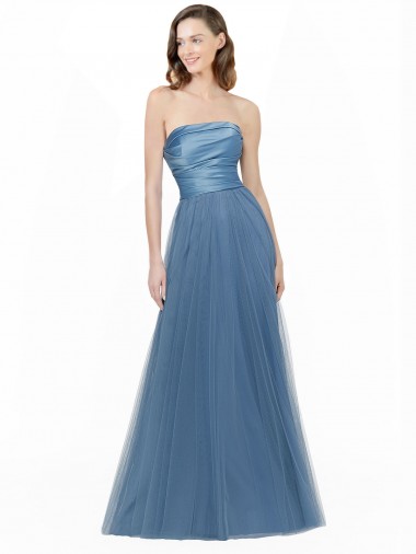 Wholesale Long Strapless Bridesmaid Dress with Soft Tulle Overlay
