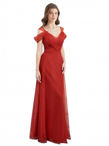 Wholesale Cold Shoulder Pleated Wrap Tulle Bridesmaid Dress with Low V-Back
