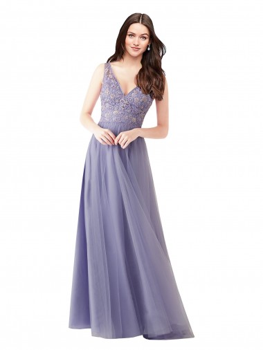 Wholesale Sweetheart Tulle Bridesmaid Dress with Fully Embroidered V-Neck Bodice