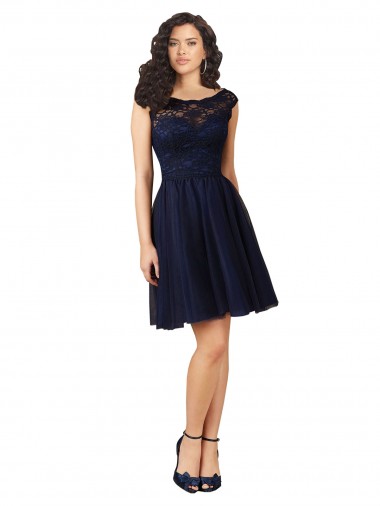 Wholesale Short Bateau Neck Tulle Cocktail Bridesmaid Dress with Lace Bodice