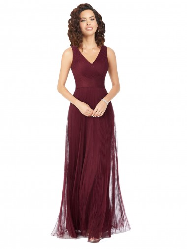 Wholesale Long A-Line V-Neck Tulle Bridesmaid Dress