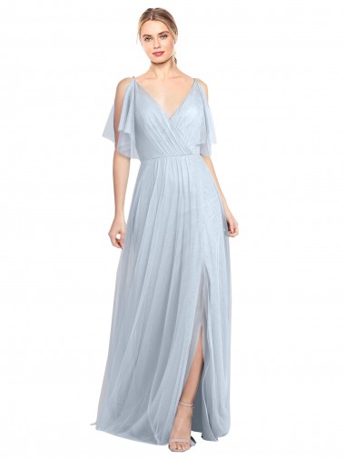 Wholesale Floor Length Flutter Sleeves Long Tulle Bridesmaid Dress with Side Slit