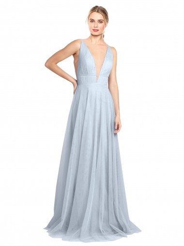 Wholesale Plunging Deep V-Neck Long Tulle Bridesmaid Dress with V-Back