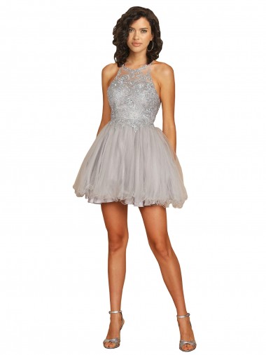 Wholesale Halter Neckline Criss Cross Back Short Cocktail Dress with Beaded Lace Bodice