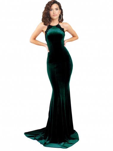 Wholesale High Neck Formal Stretch Velvet Bridesmaid Dress / Prom Dress with Black Lace Embroidery