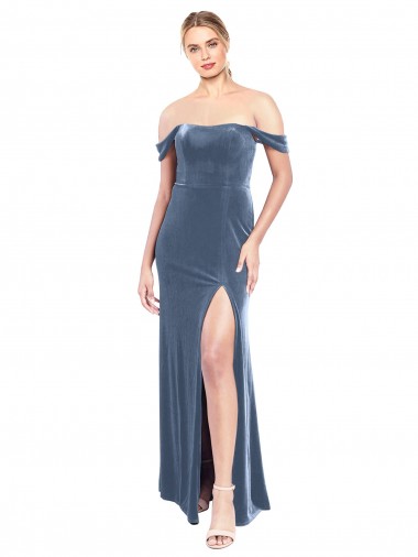 Wholesale Draped Sleeves Wide Scoop Neck Off the Shoulder Velvet Bridesmaid Dress / Prom Dress
