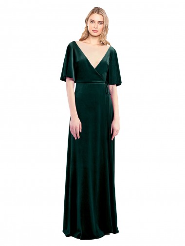 Wholesale Deep V-Neck Flutter Sleeves Long Velvet Wrap Bridesmaid Dress / Prom Dress