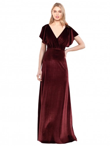 Wholesale Flutter Sleeves Open Back Long Velvet Bridesmaid Dress / Prom Dress
