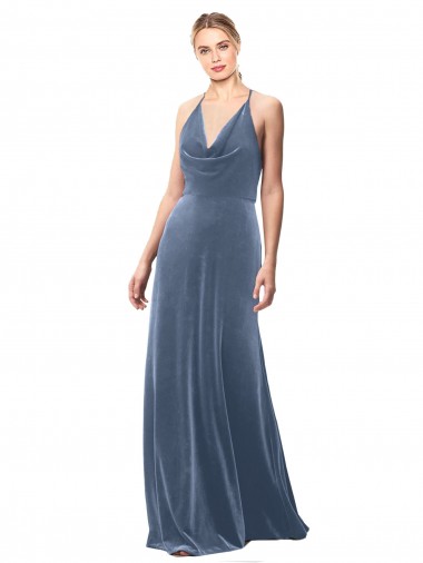 Wholesale Halter Cowl Neck Long A-Line Velvet Bridesmaid Dress / Prom Dress with Keyhole Back