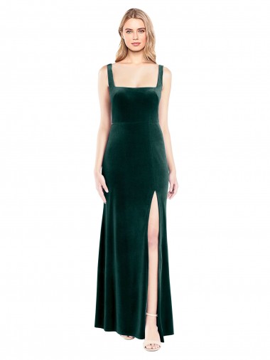 Wholesale Square Neck Full Length Velvet Bridesmaid Dress / Prom Dress with Side Slit