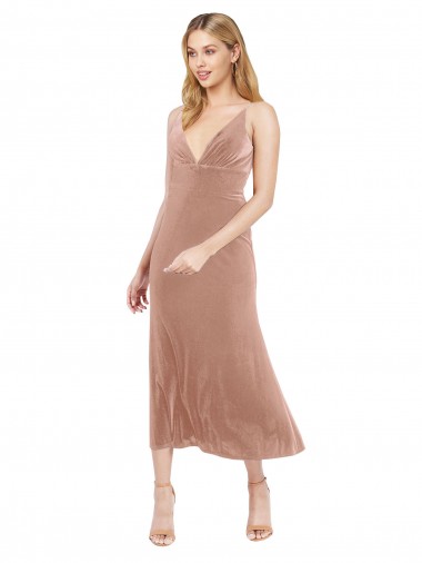 Wholesale Midi Cocktail Length Short V-Neck Velvet Bridesmaid Dress / Prom Dress with Notched Neckline
