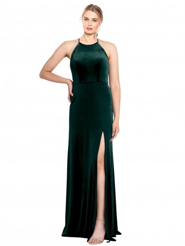 Wholesale Long Jewel Neck Full Length Velvet Bridesmaid Dress / Prom Dress with Side Slit