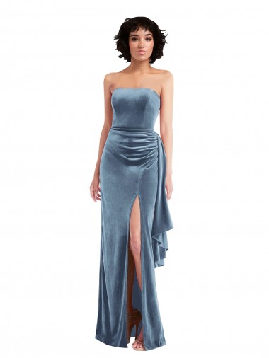 Wholesale Strapless Formal Velvet Maxi Bridesmaid Dress / Prom Dress with Draped Skirt