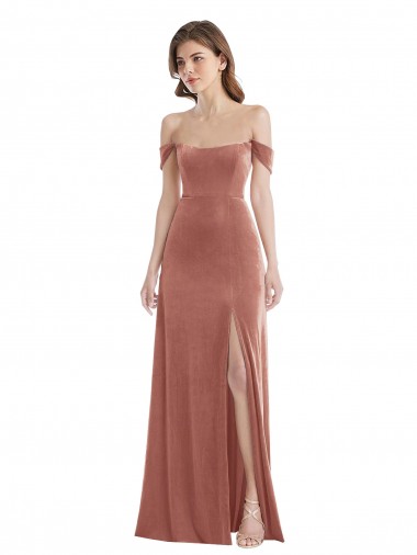 Wholesale Off the Shoulder Flounce Sleeve Velvet Maxi Bridesmaid Dress / Prom Dress with Pockets
