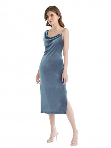 Wholesale Midi Length Asymmetrical One Shoulder Velvet Slip Bridesmaid Dress / Prom Dress