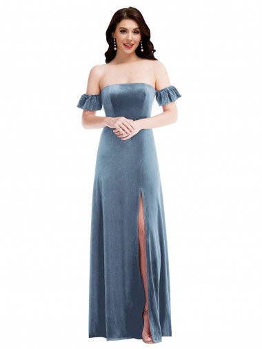 Wholesale Ruffle Sleeve Off the Shoulder Velvet Maxi Bridesmaid Dress / Prom Dress