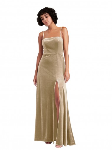 Wholesale Square Neck Formal Velvet Maxi Bridesmaid Dress / Prom Dress with Front Slit & Pockets