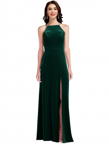 Wholesale Velvet Halter Maxi Bridesmaid Dress / Prom Dress with Pockets & Front Slit