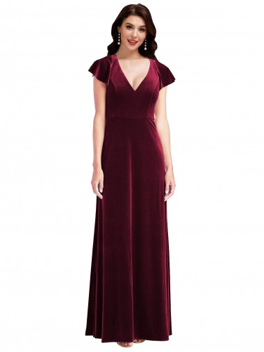 Wholesale Flutter Sleeve Velvet Maxi Bridesmaid Dress / Prom Dress with Pockets
