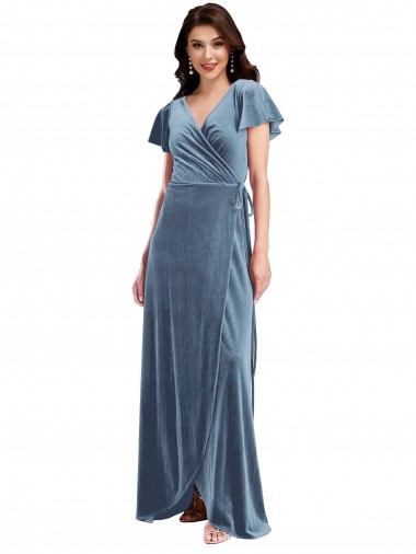 Wholesale Flutter Sleeve Velvet Wrap Maxi Bridesmaid Dress / Prom Dress with Pockets