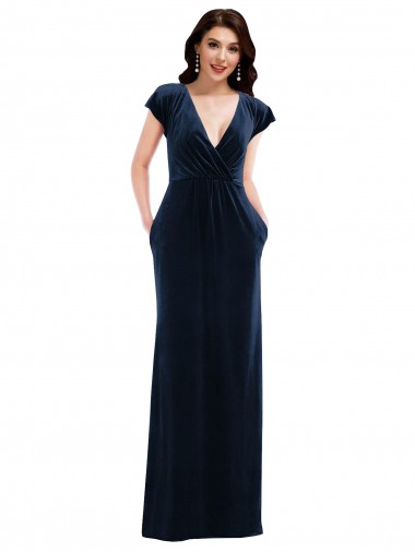 Wholesale Flutter Sleeve Wrap Bodice Formal Velvet Maxi Bridesmaid Dress / Prom Dress with Pockets