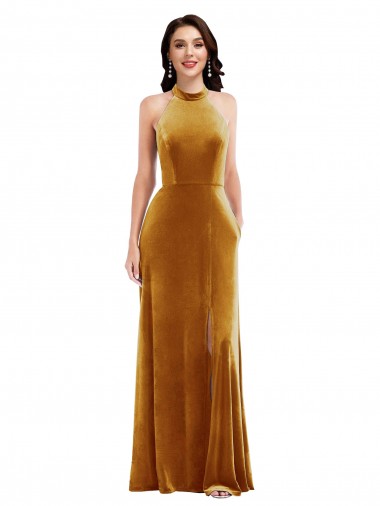 Wholesale High-Neck Halter Velvet Maxi Bridesmaid Dress / Prom Dress with Front Slit