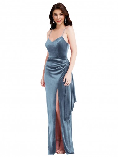 Wholesale Spaghetti Strap Formal Velvet Maxi Bridesmaid Dress / Prom Dress with Draped Skirt