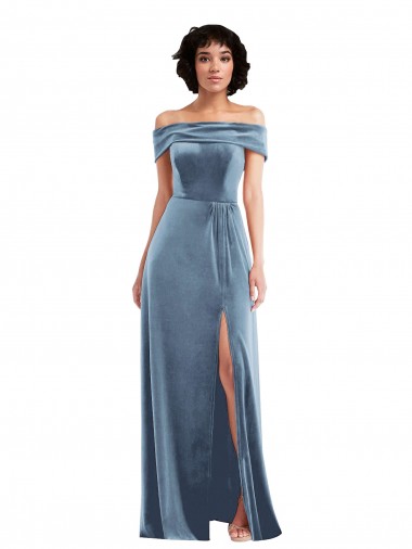 Wholesale Draped Cuff Off the Shoulder Velvet Maxi Bridesmaid Dress / Prom Dress with Pockets