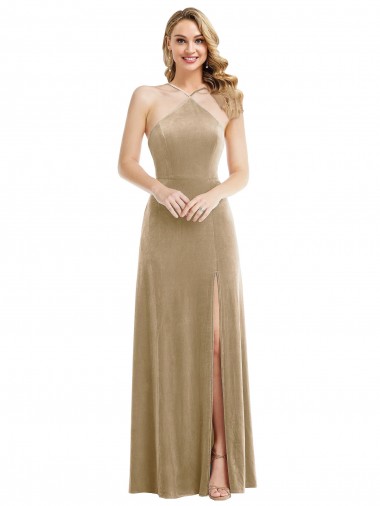 Wholesale High Neck Halter Open Back Long Velvet Maxi Bridesmaid Dress / Prom Dress & Pockets
