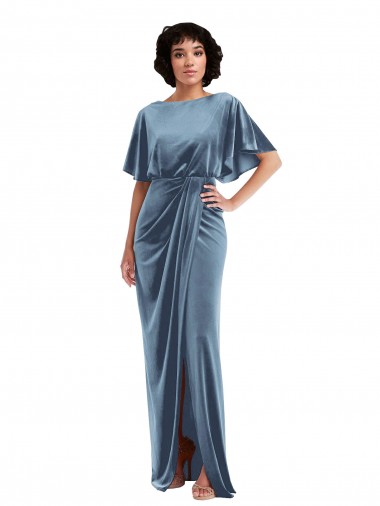 Wholesale Flutter Sleeve Open Back Velvet Maxi Bridesmaid Dress / Prom Dress with Pockets & Draped Wrap Skirt Pockets
