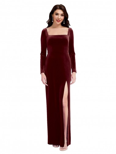 Wholesale Sleek Square Neck Spaghetti Straps Velvet Bridesmaid Dress / Prom Dress with Side Slit