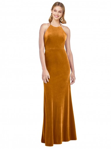 Wholesale Halter Neckline Long Full Length Formal Velvet Bridesmaid Dress / Prom Dress with Strappy Back