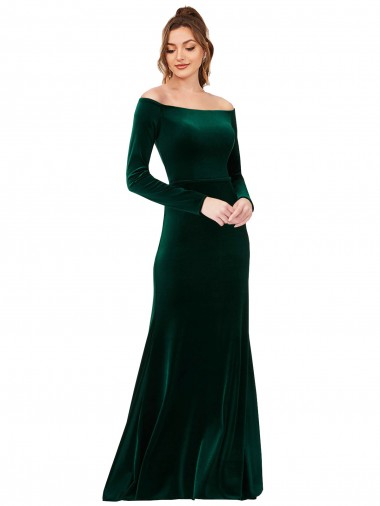 Wholesale Off the Shoulder Long Sleeves Formal Stretch Velvet Bridesmaid Dress / Prom Dress