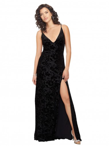 Wholesale V-Neck Cowl Back Floral Velvet Bridesmaid Dress with Front Slit and Deep V-Neck