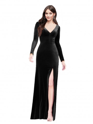 Wholesale Long Sleeves Formal Velvet Bridesmaid Dress / Prom Dress with V-Neckline and Thigh Slit