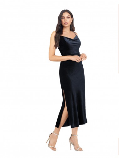 Wholesale Midi Cocktail Length Formal Velvet Bridesmaid Dress / Prom Dress with Cowl Neck and Spaghetti Straps