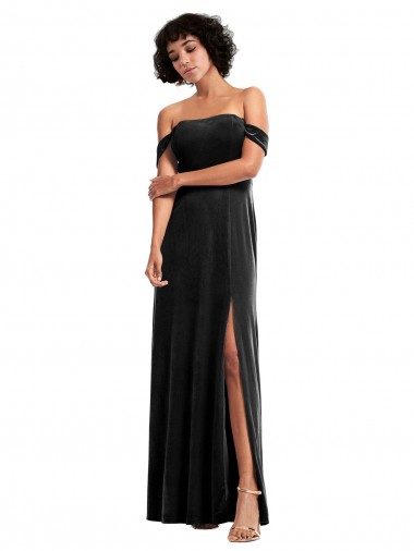 Wholesale Off the Shoulder Drapped Sleeves Formal Stretch Velvet Bridesmaid Dress / Prom Dress