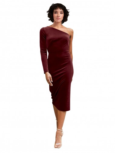 Wholesale One Shoulder Fitted Short Midi Length Velvet Bridesmaid Dress / Prom Dress