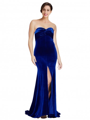 Wholesale Strapless Ruched Formal Velvet Bridesmaid Dress / Prom Dress with Sweep Train and Front Slit
