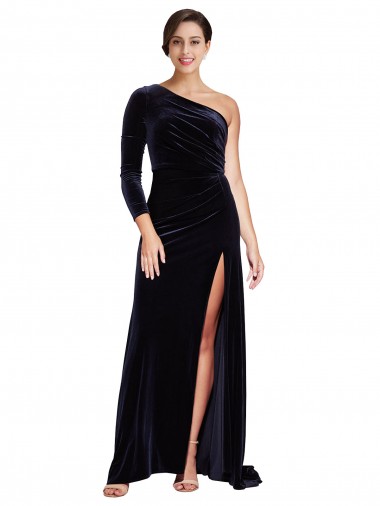 Wholesale One Sleeve Long Formal Velvet Bridesmaid Dress / Prom Dress with Thigh High Split