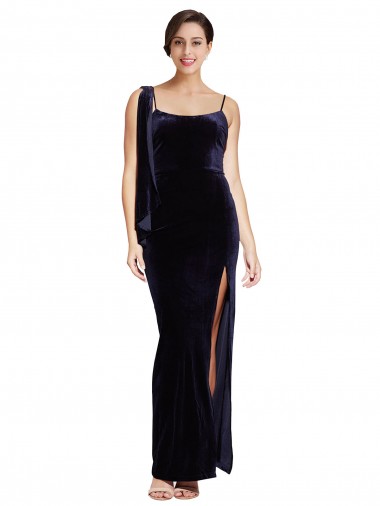Wholesale Long Formal Velvet Bridesmaid Dress / Prom Dress with Side Thigh Split and Shoulder Tie
