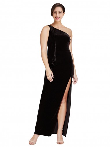 Wholesale One Shoulder Long Formal Velvet Bridesmaid Dress / Prom Dress with Side Split and Shoulder Tie