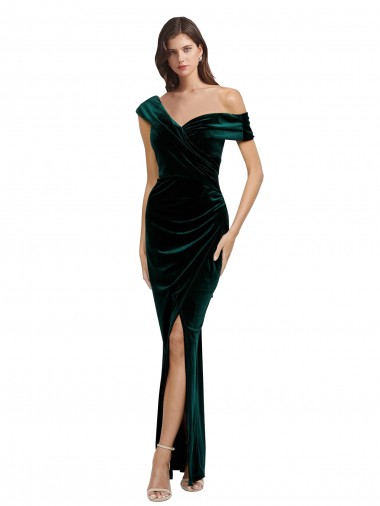 Wholesale Long Asymmetric Neckline Ruched Formal Velvet Bridesmaid Dress / Prom Dress