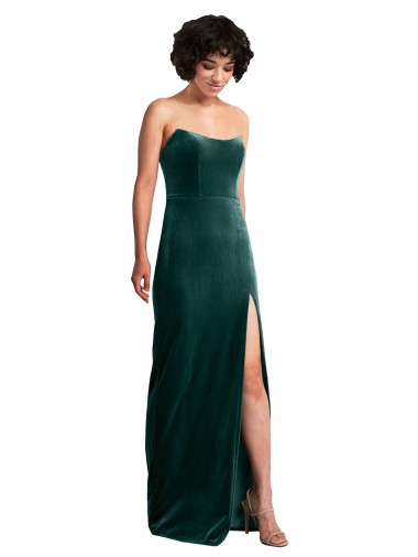 Wholesale Scooped Strapless Long Formal Velvet Bridesmaid Dress / Prom Dress with Daring Side Slit